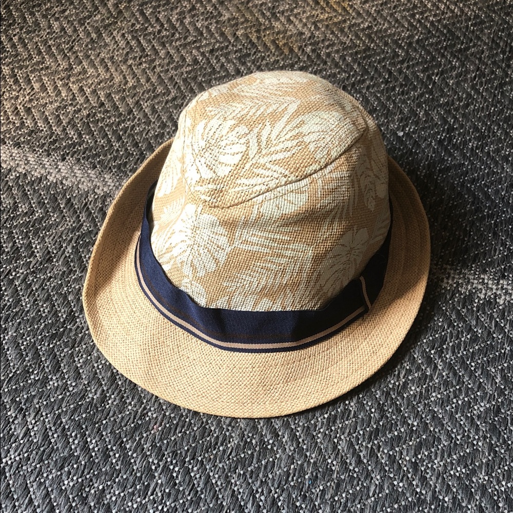 Joe Fresh Tan and Navy Straw Fedora Hat with White Leaf Print